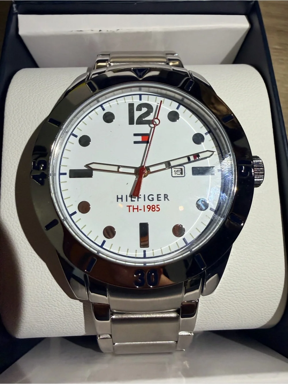 Tommy Hilfiger Silver Stainless Steel Watch with White Dial and Red Accents